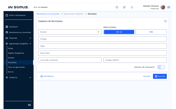 Tela de cadastro de Municípios
