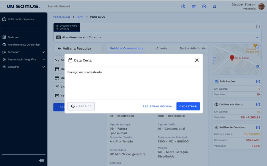 Tela de data, relativo ao cadastro do serviço no estado inativo