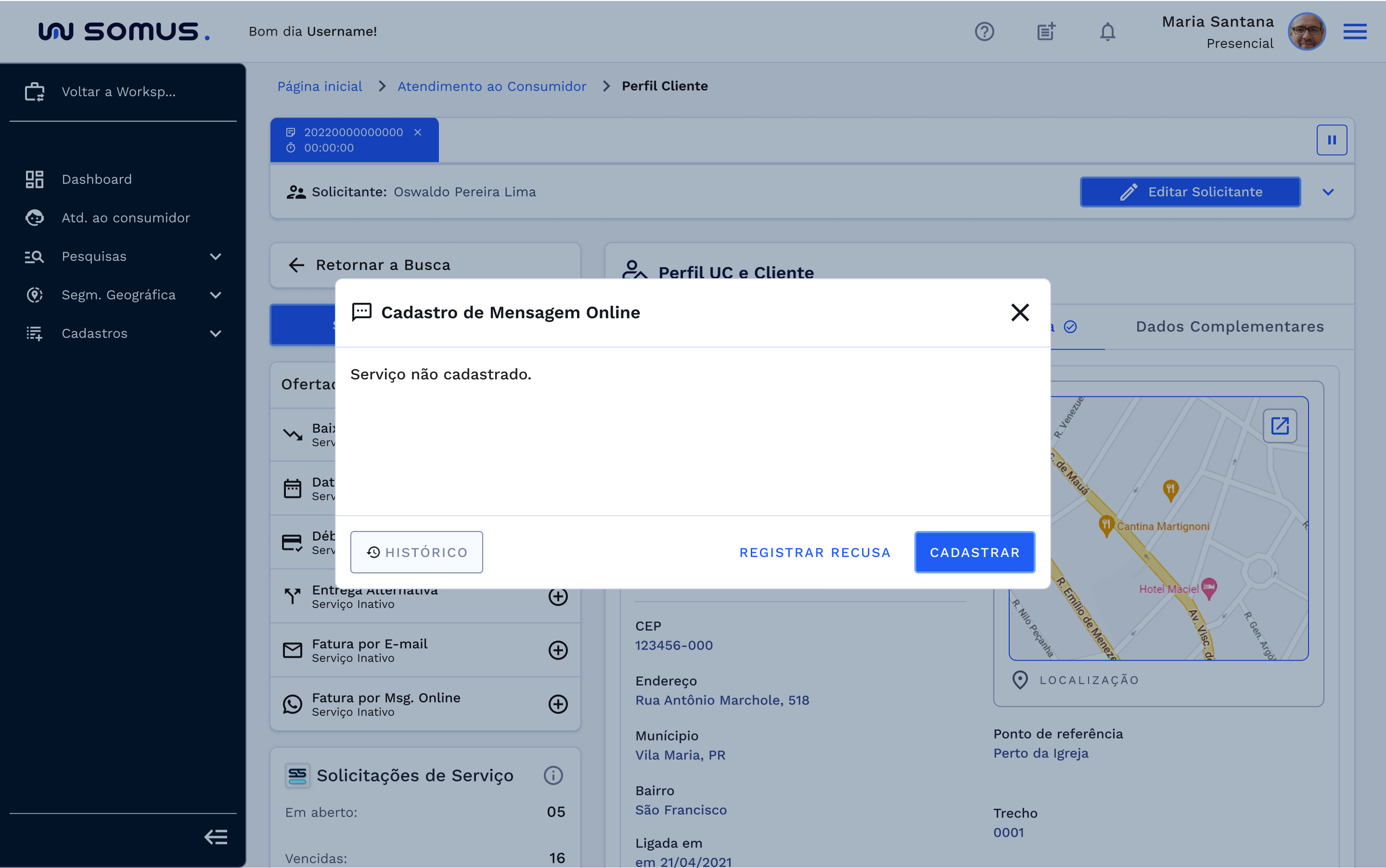 Janela com serviço não cadastrado com as seguintes opções: registrar recusa e cadastrar
