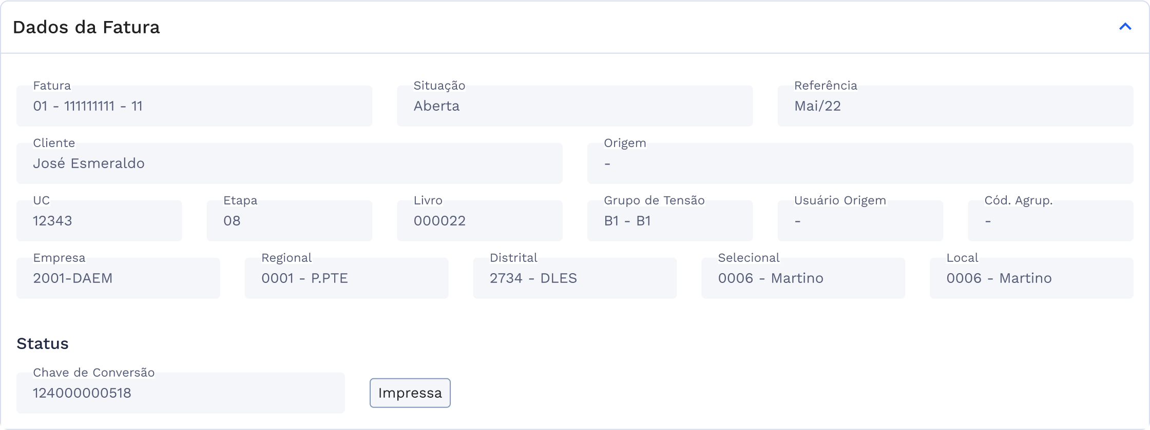 Quadro: Dados da Fatura