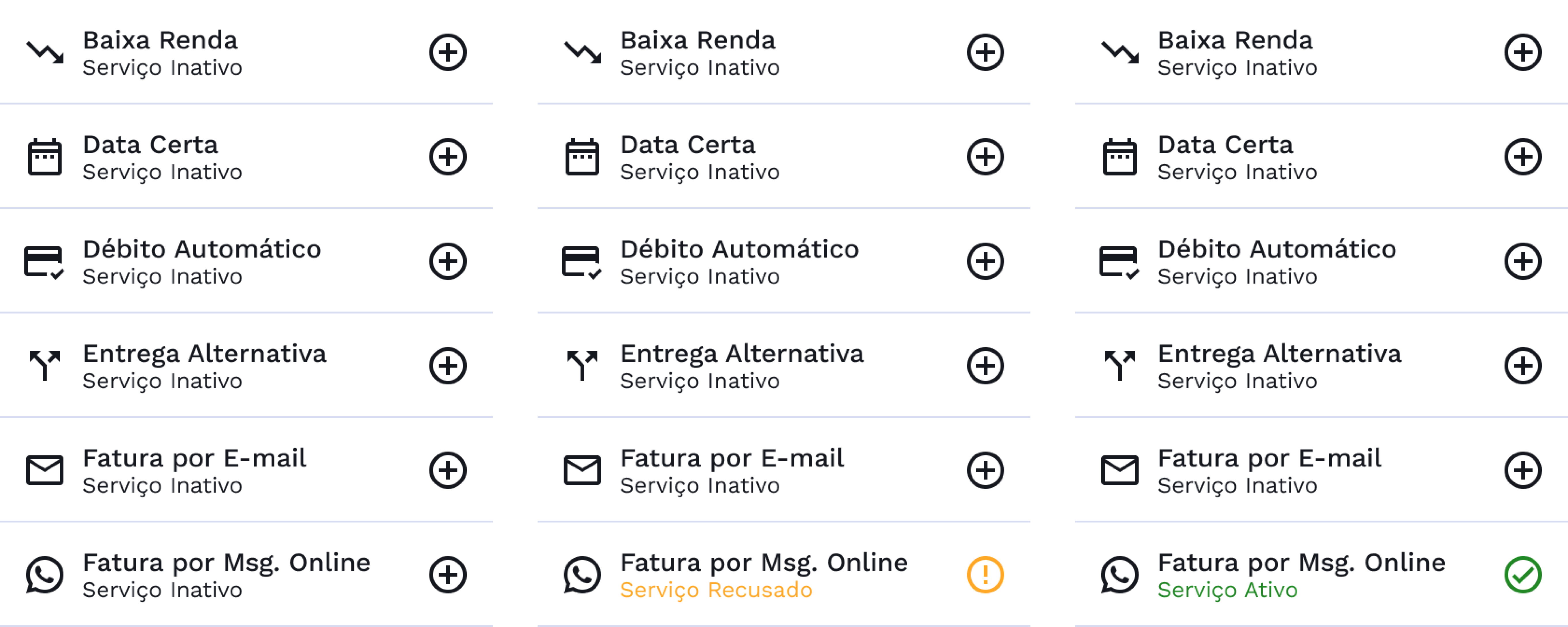Estados dos ofertadores: inativo, recusado e ativo