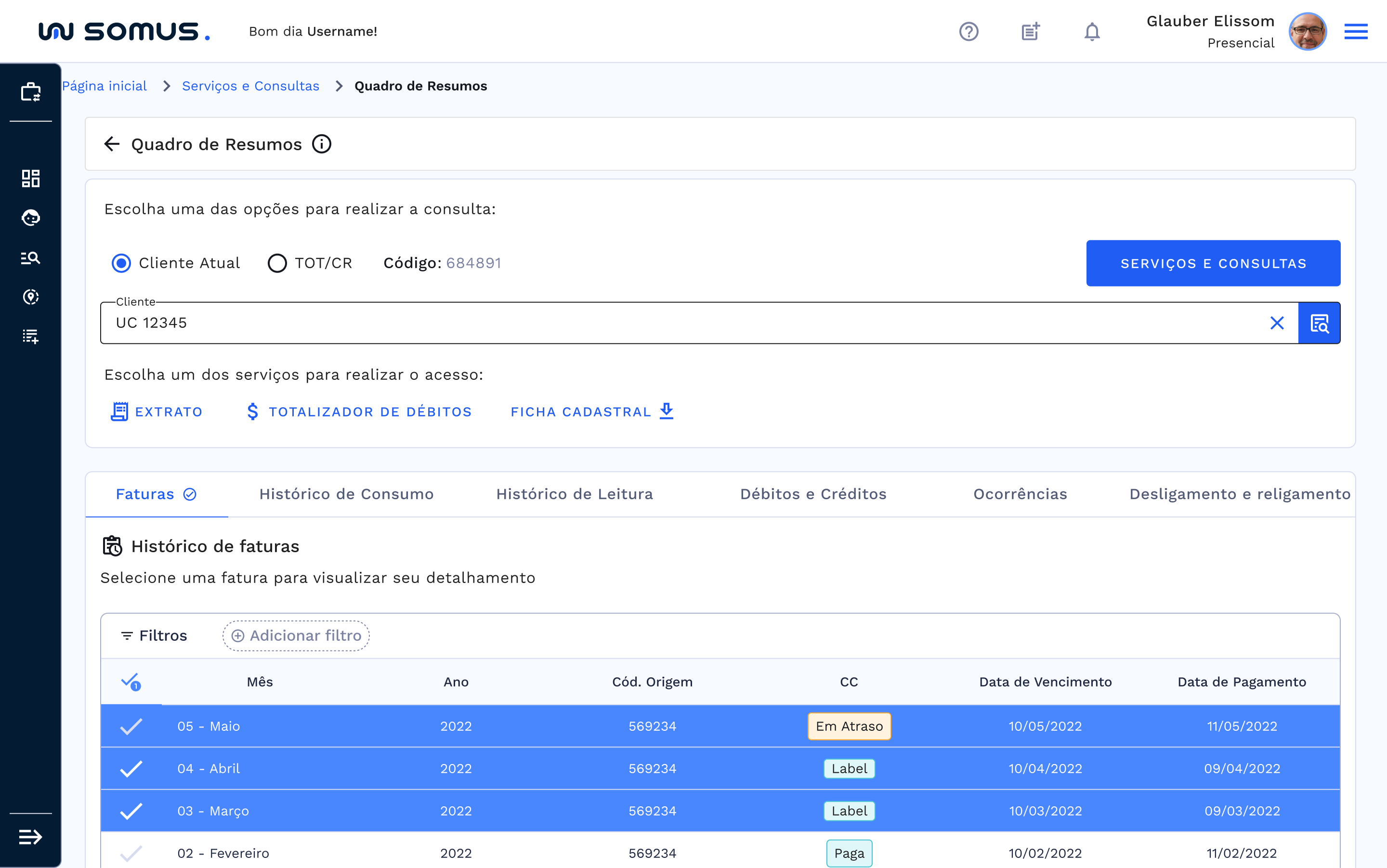 Seleção de Múltiplas faturas