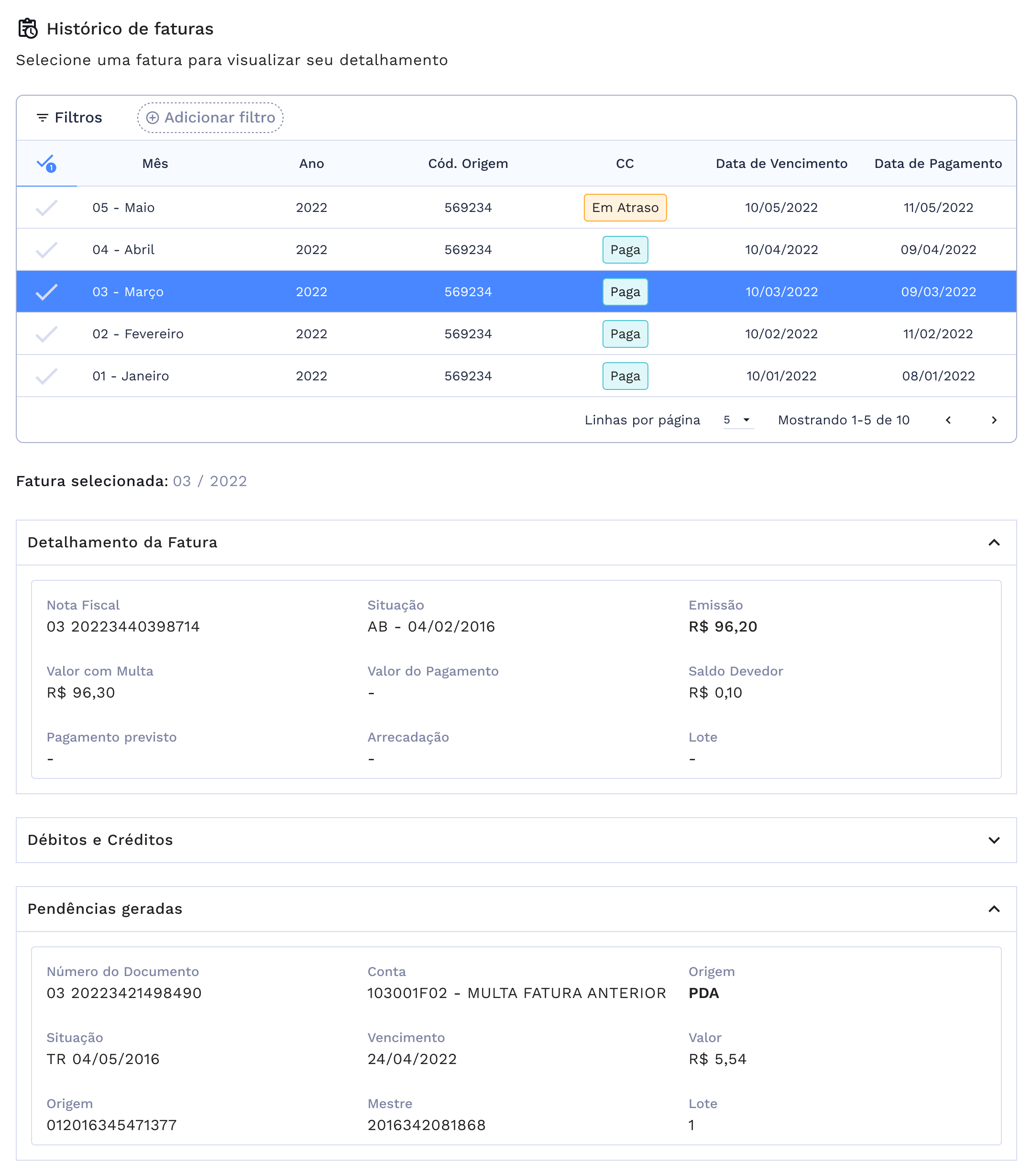 Tabela do histórico de faturas, contendo seu detalhamento simples e detalhado e as pendências geradas