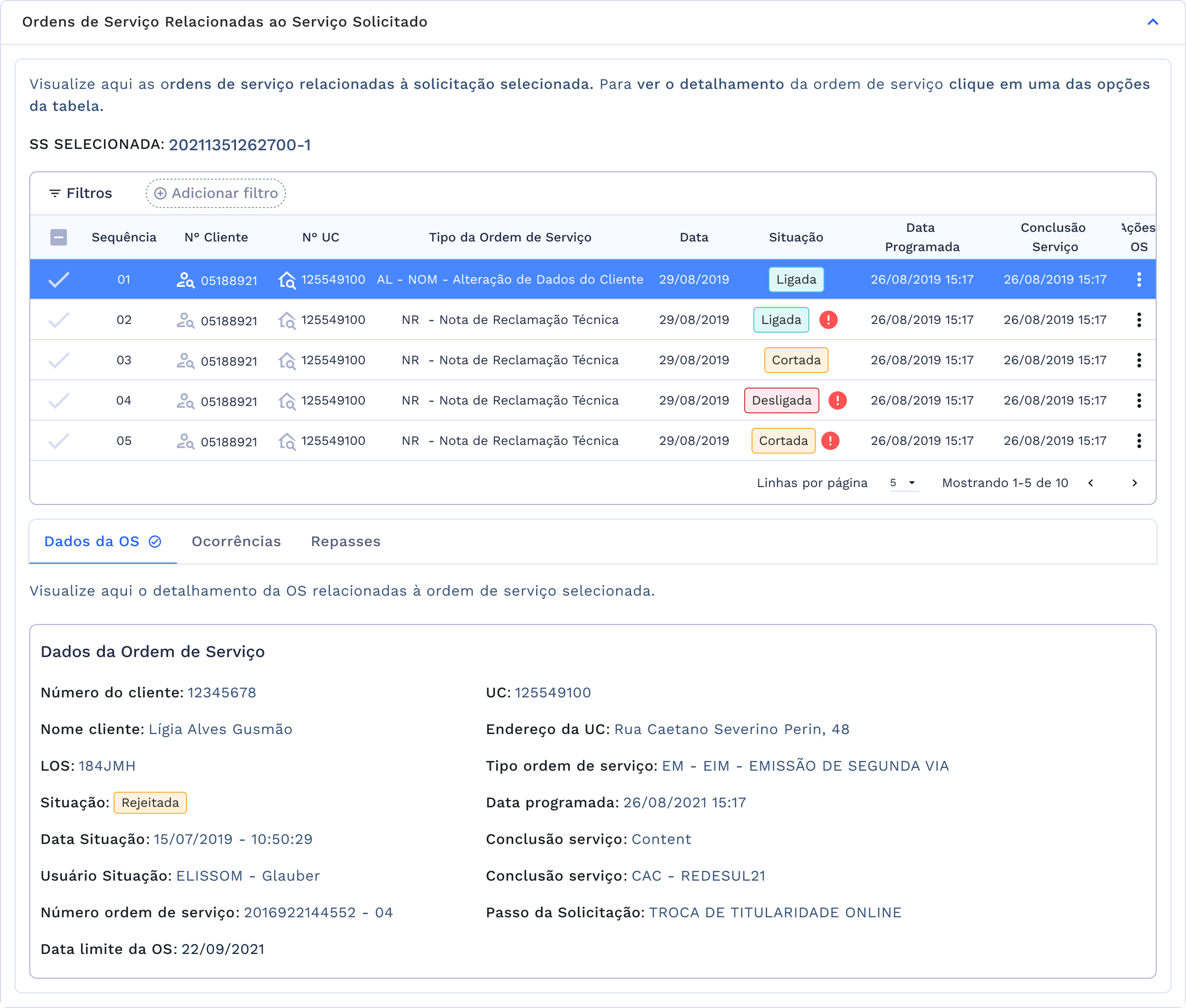 Detalhamento dos dados da ordem de serviço selecionada