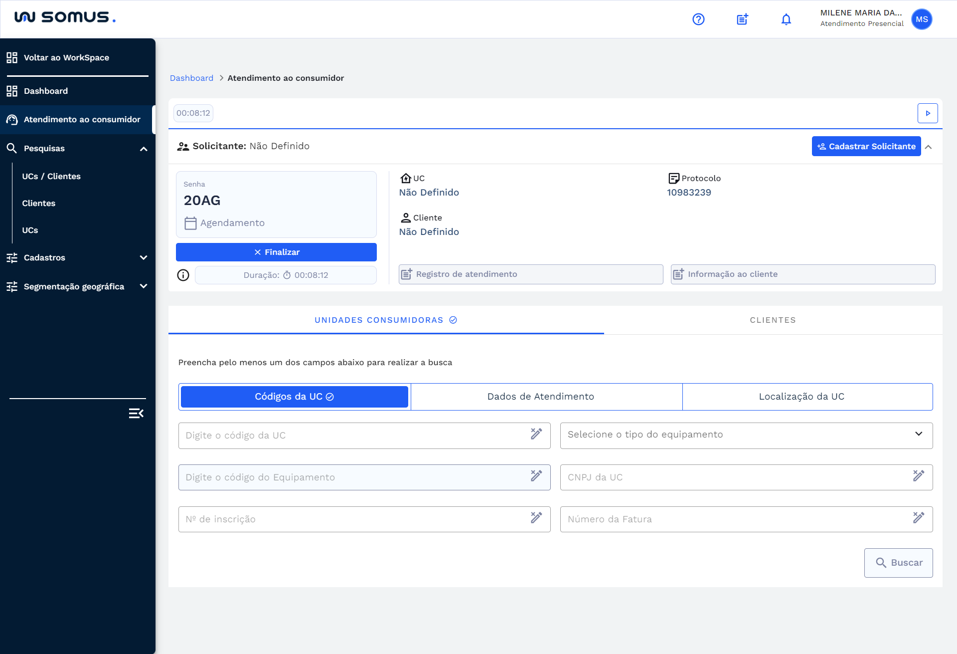 Busca por unidade consumidora, opção de dados da unidade