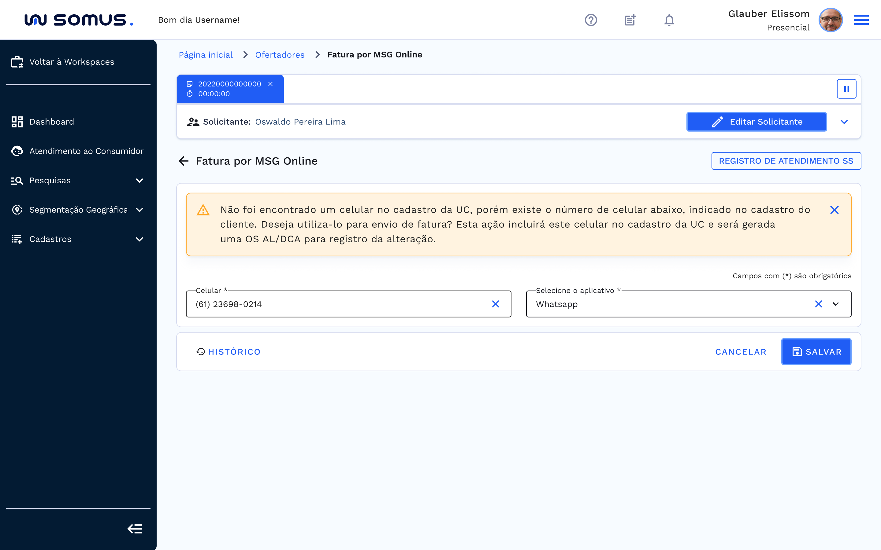 Cadastrar Fatura por Mensagem Online