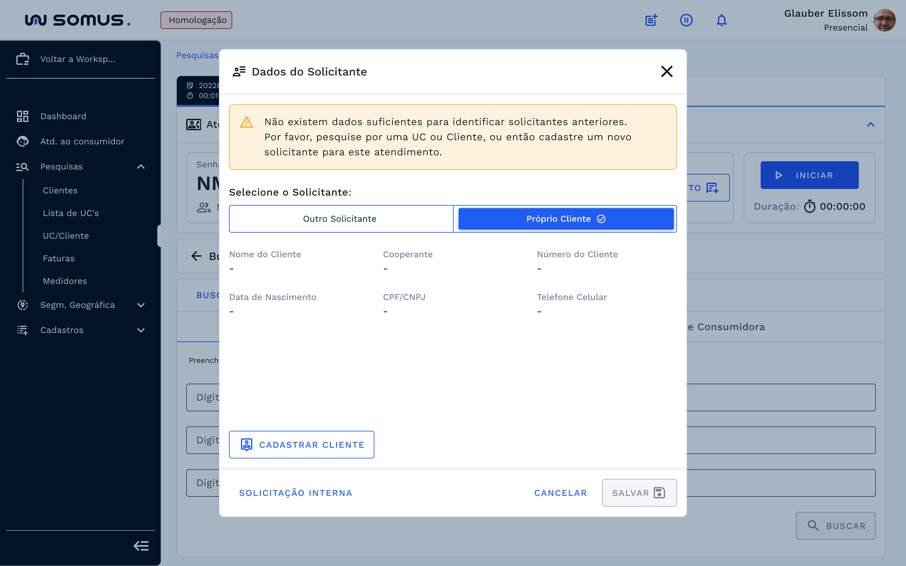 Tela de dados do solicitante sem um vínculo de cliente ativo na concessionária
