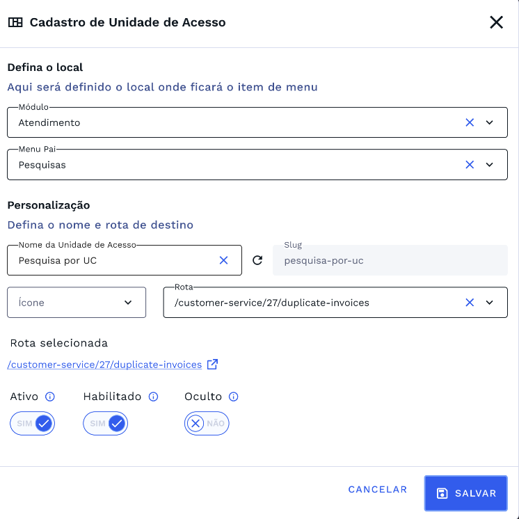 Cadastro de Unidades de Acesso