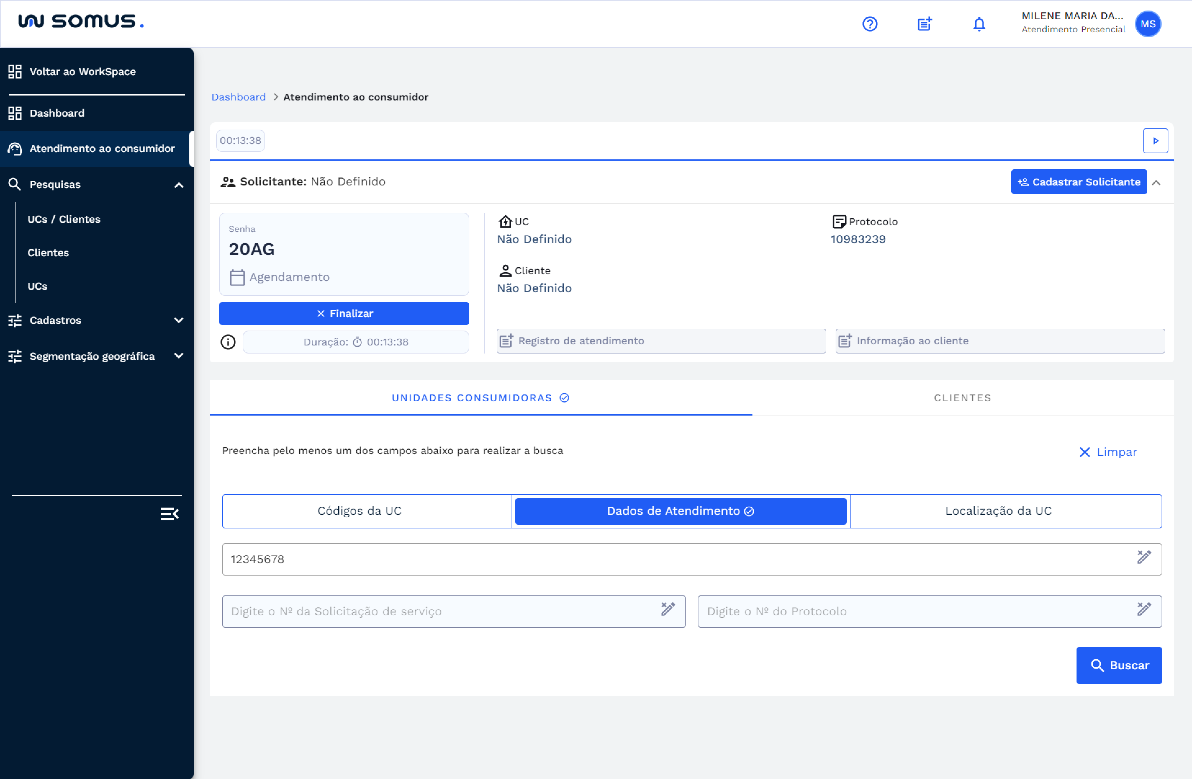 Busca por dados do atendimento da unidade consumidora