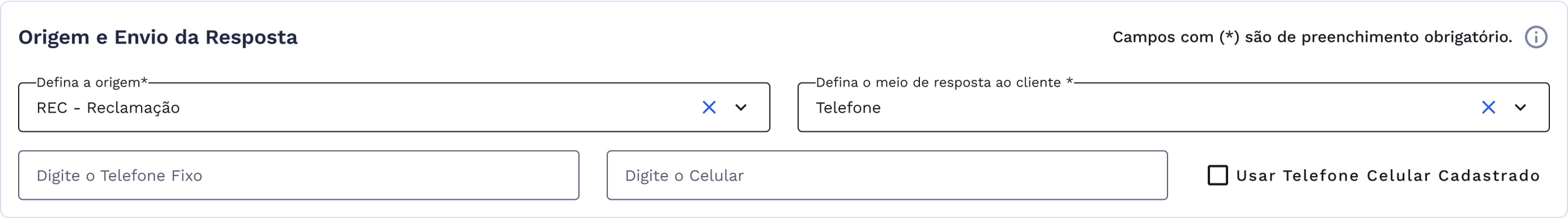 Quadro origem e envio da resposta por telefone