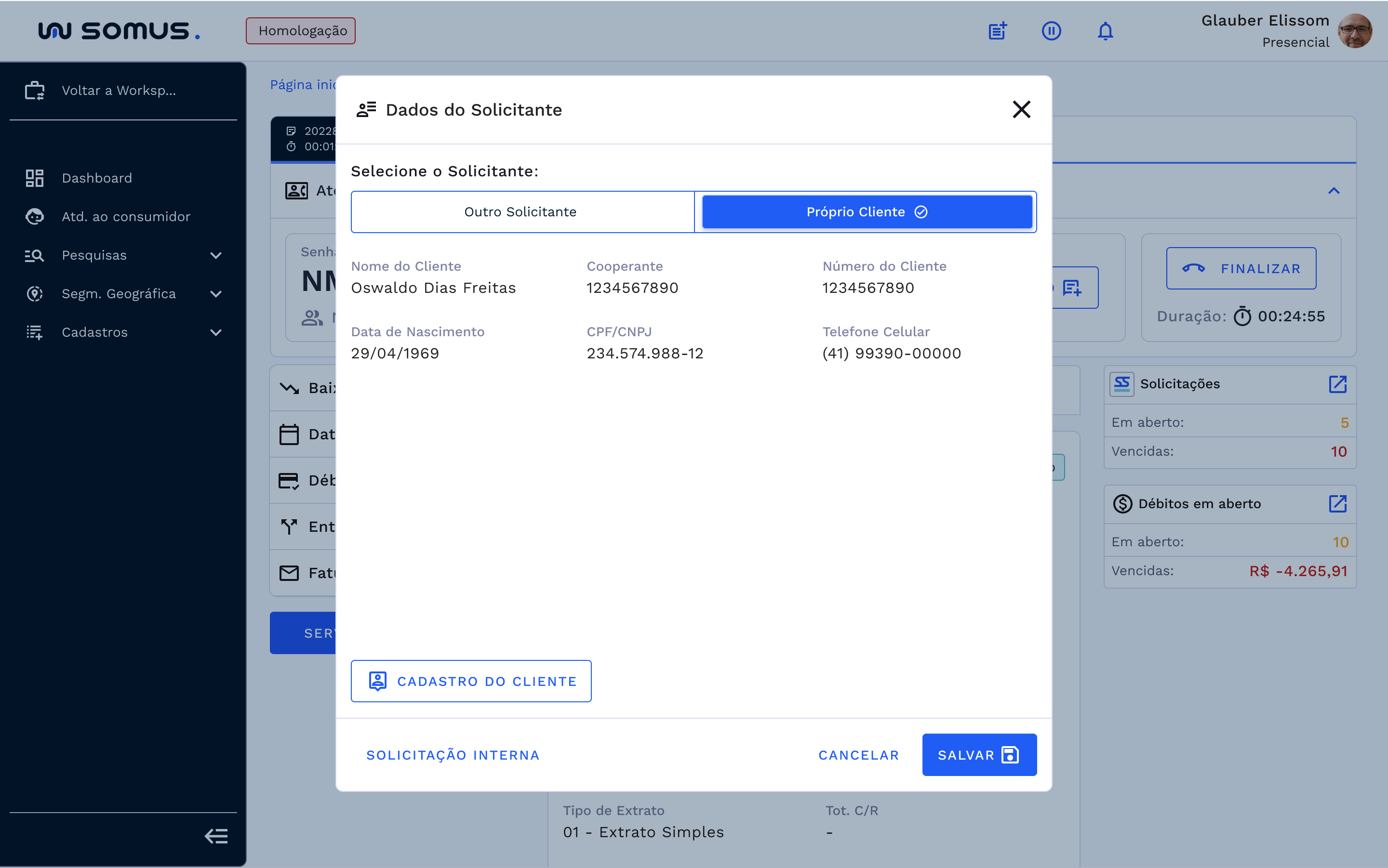 Tela de dados do solicitante com o próprio cliente encontrado