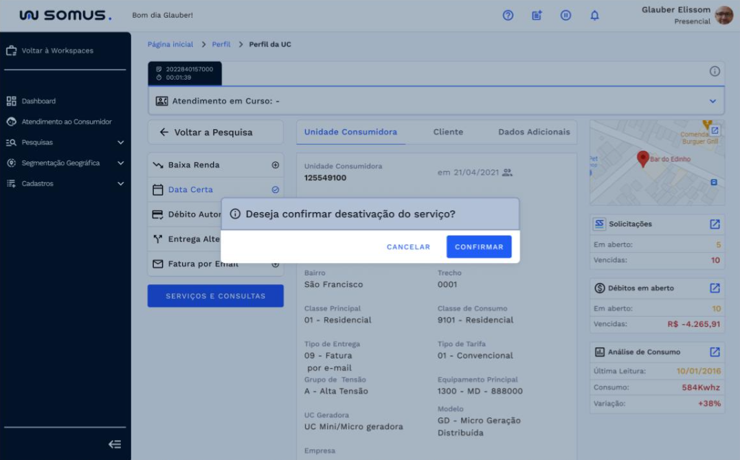 Caixa de diálogo para confirmação referente a desativação do serviço de data certa