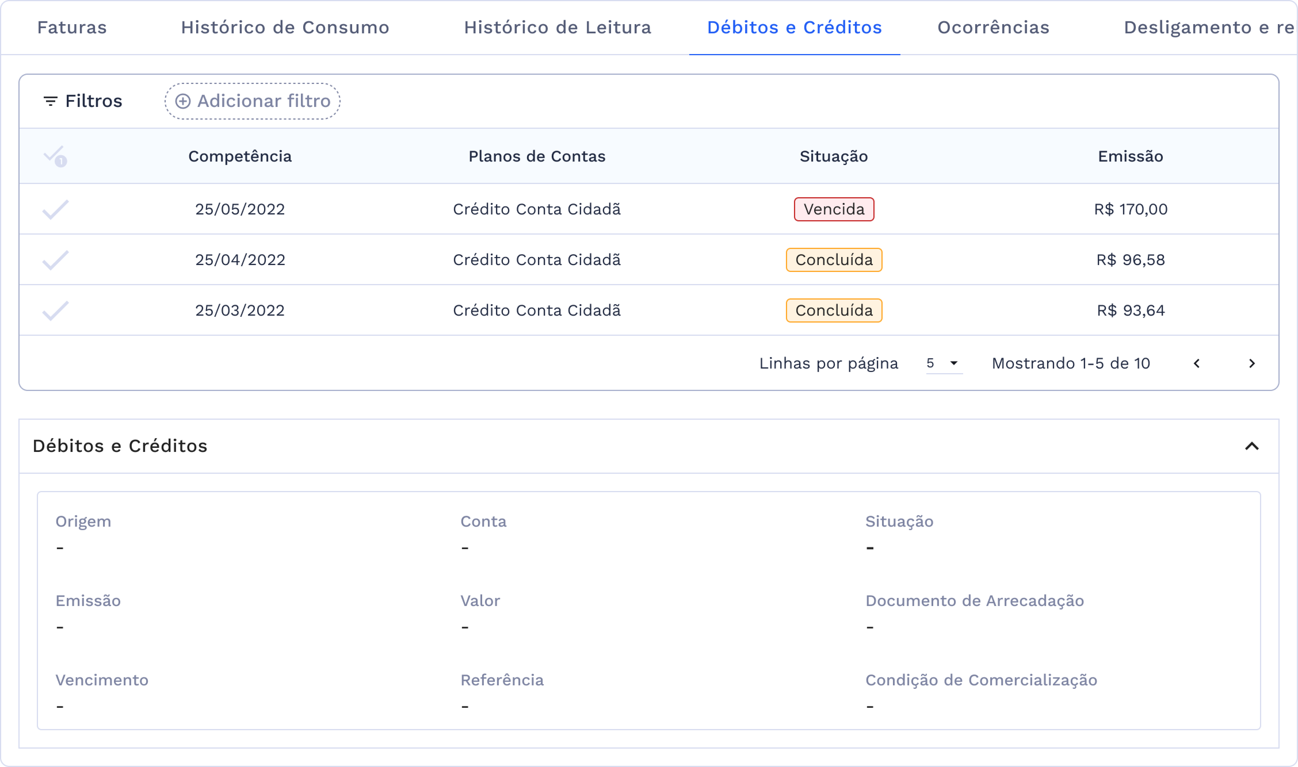 Tabela de consulta dos débitos e créditos contendo detalhamento de informações