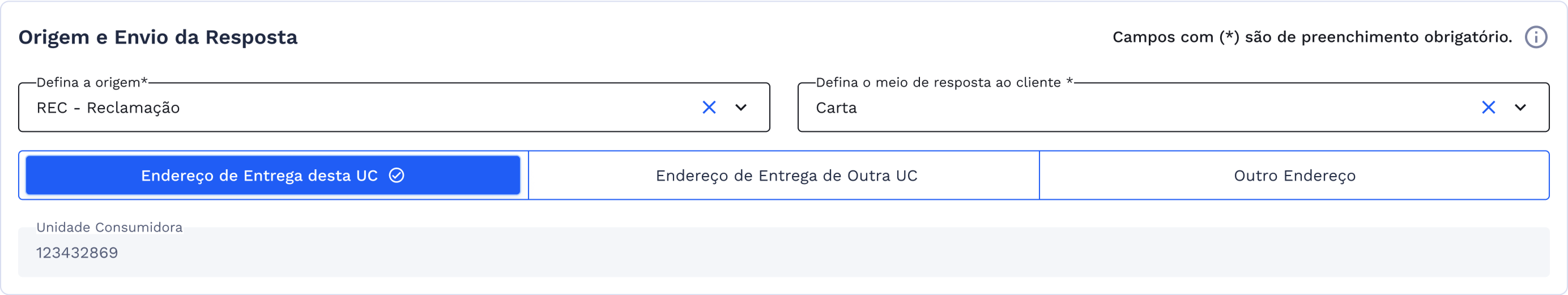 Quadro de meio de envio da resposta por carta em endereço de entrega da unidade consumidora