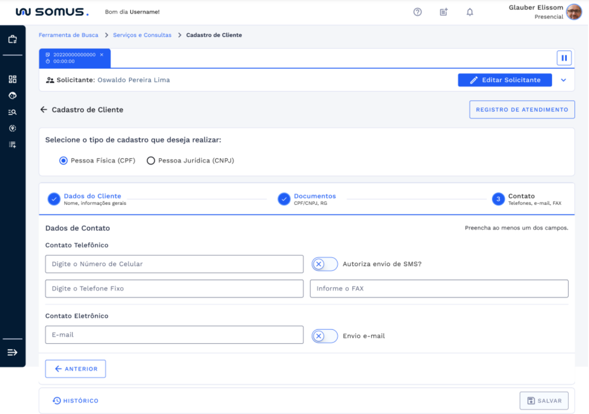 Tela de inclusão de contatos