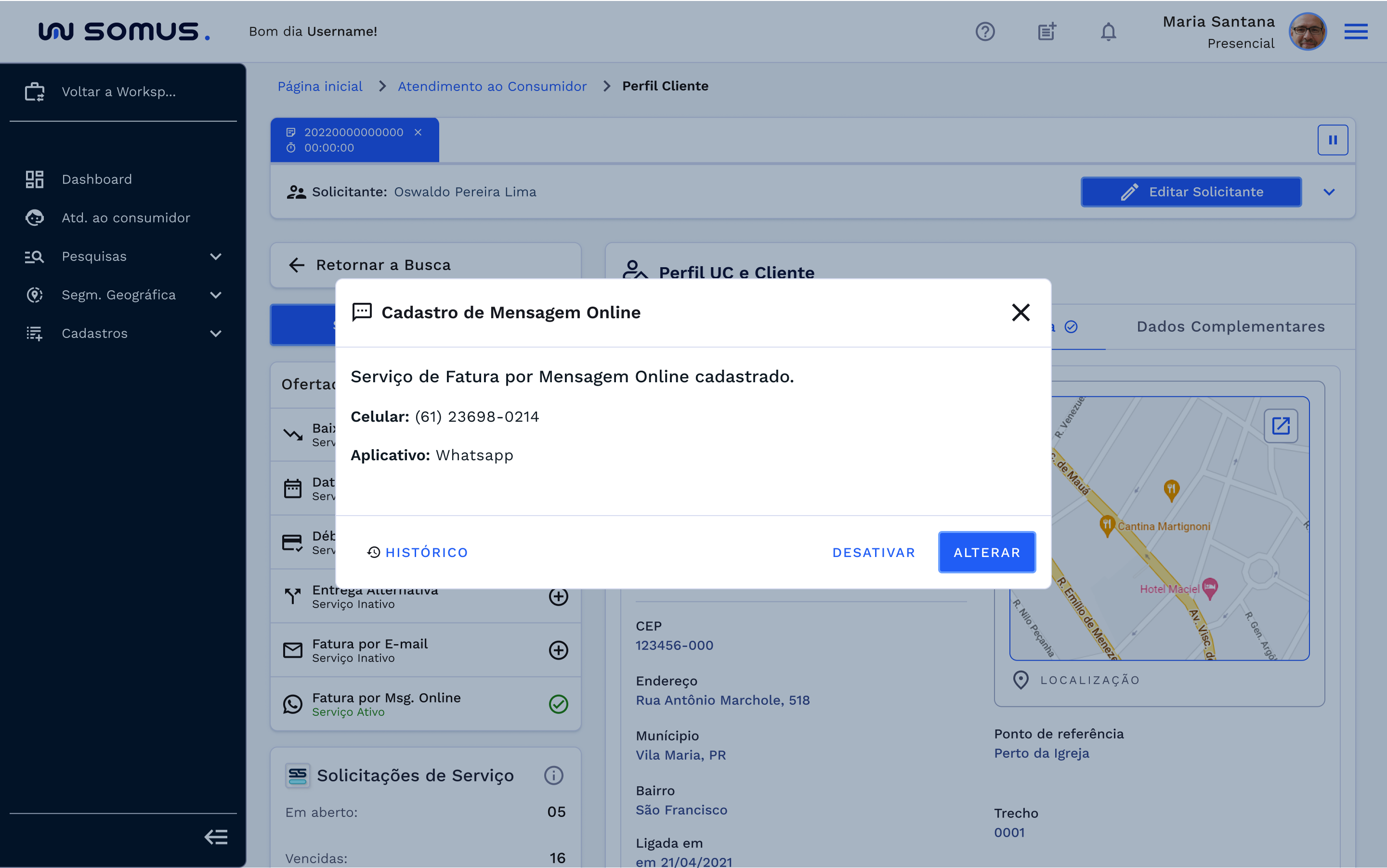 Janela com serviço cadastrado com as seguintes opções: histórico, desativar e alterar