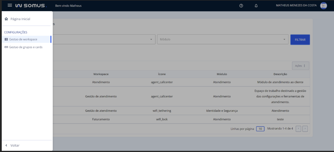 Menu: gestão de workspace