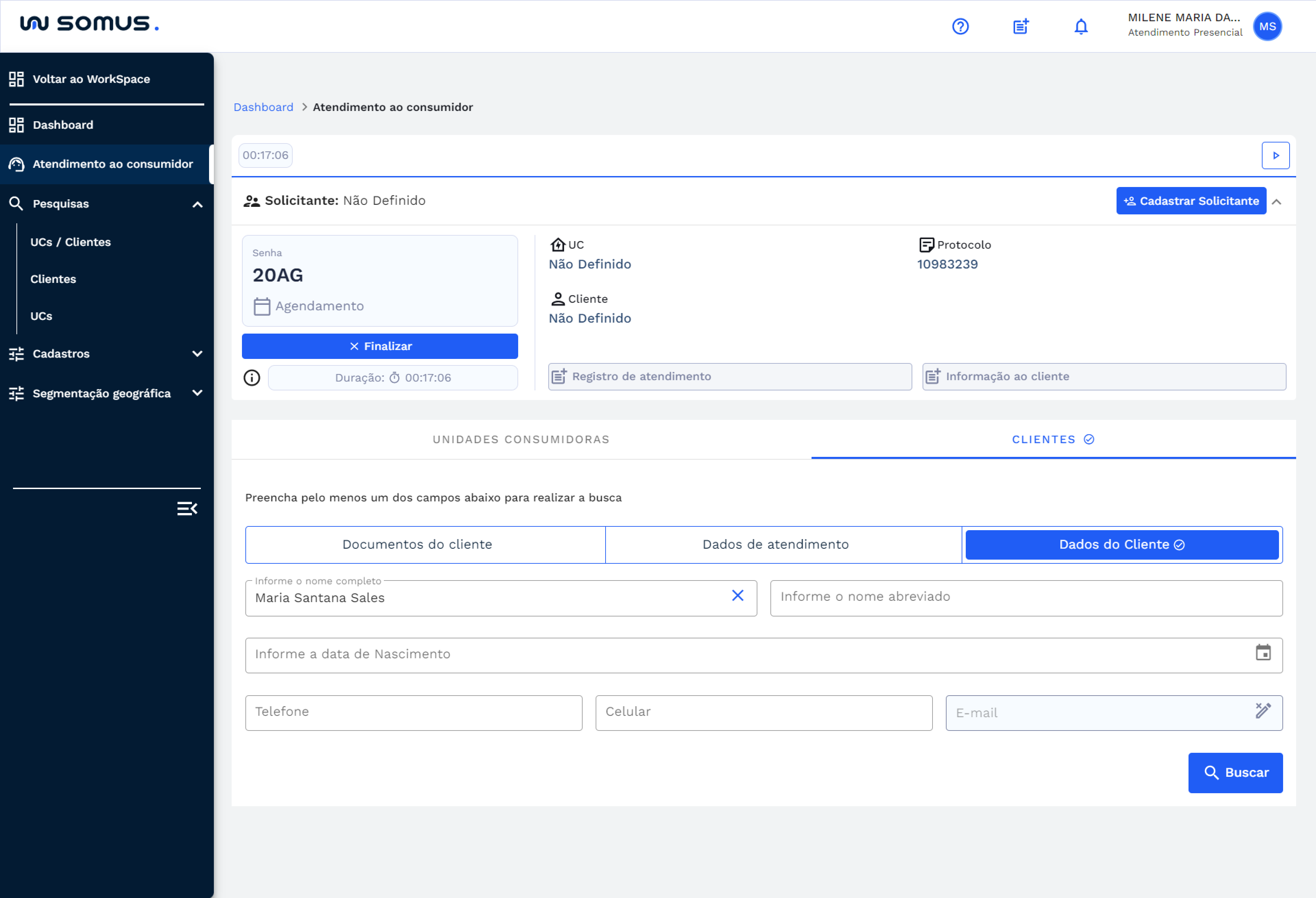 Busca por opção cliente e dados do cliente