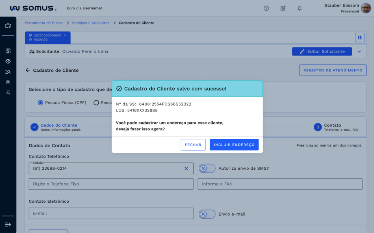 Caixa de diálogo para inclusão de endereço