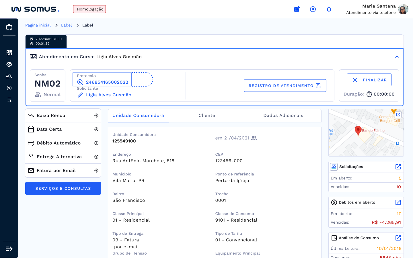 Protocolo de atendimento, acesso pelo botão protocolo