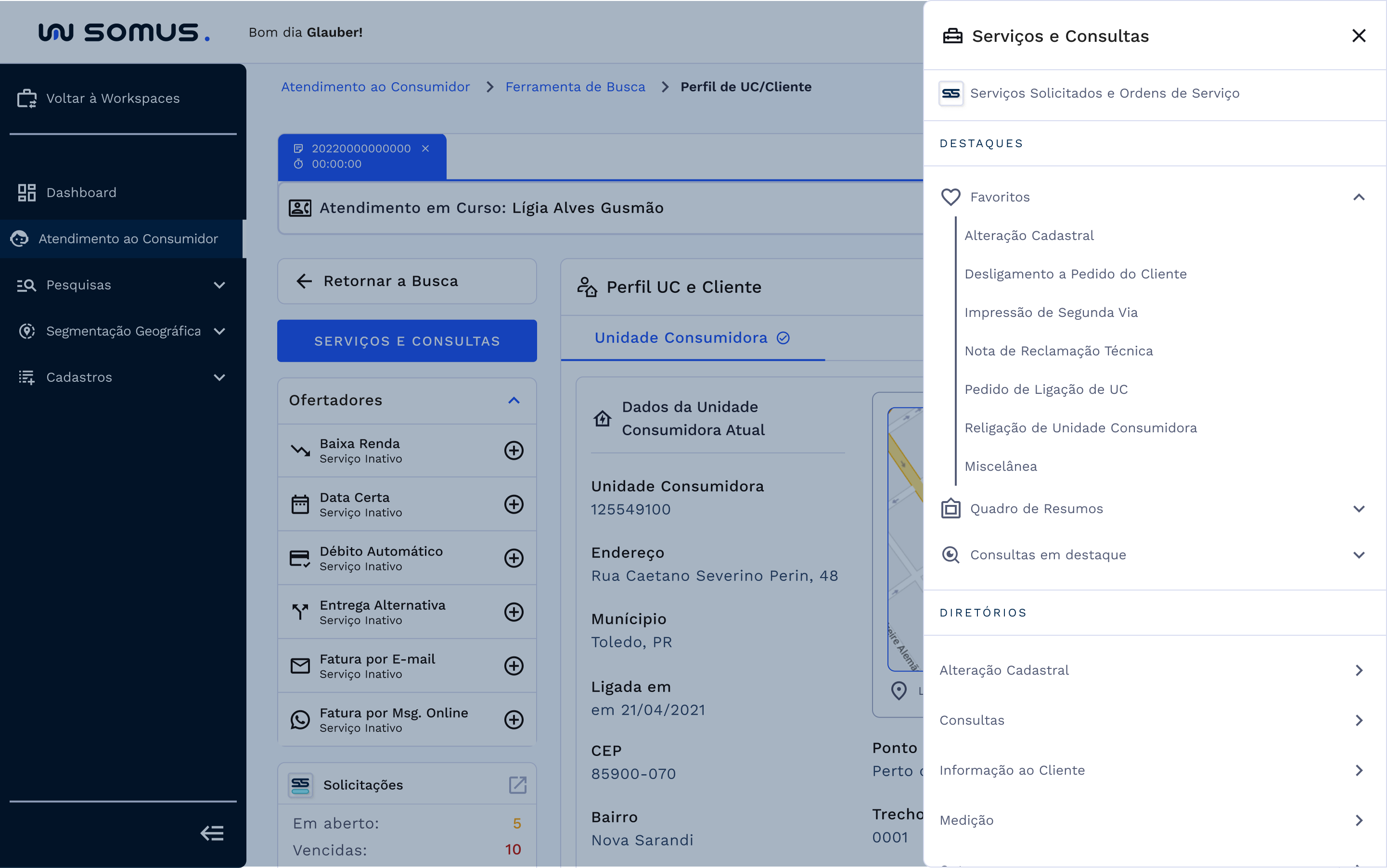 Caminho de acesso pelo botão e menu de serviços e consultas