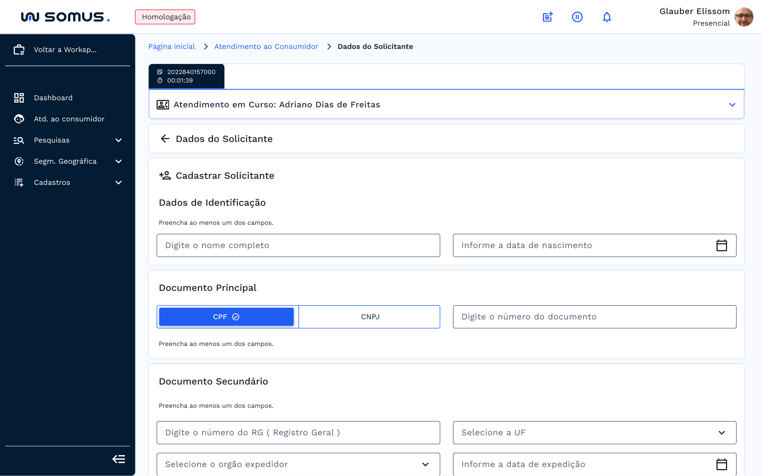Cadastro do solicitante