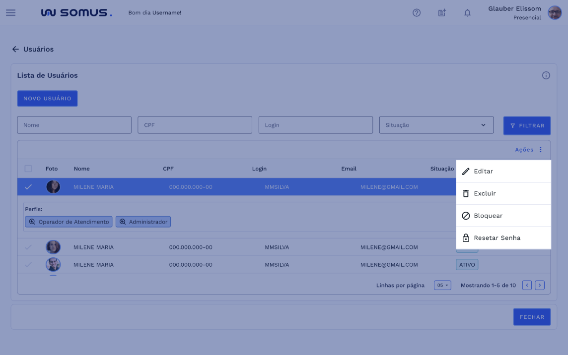 Ações disponíveis: Editar, Excluir, Bloquear e Resetar senha