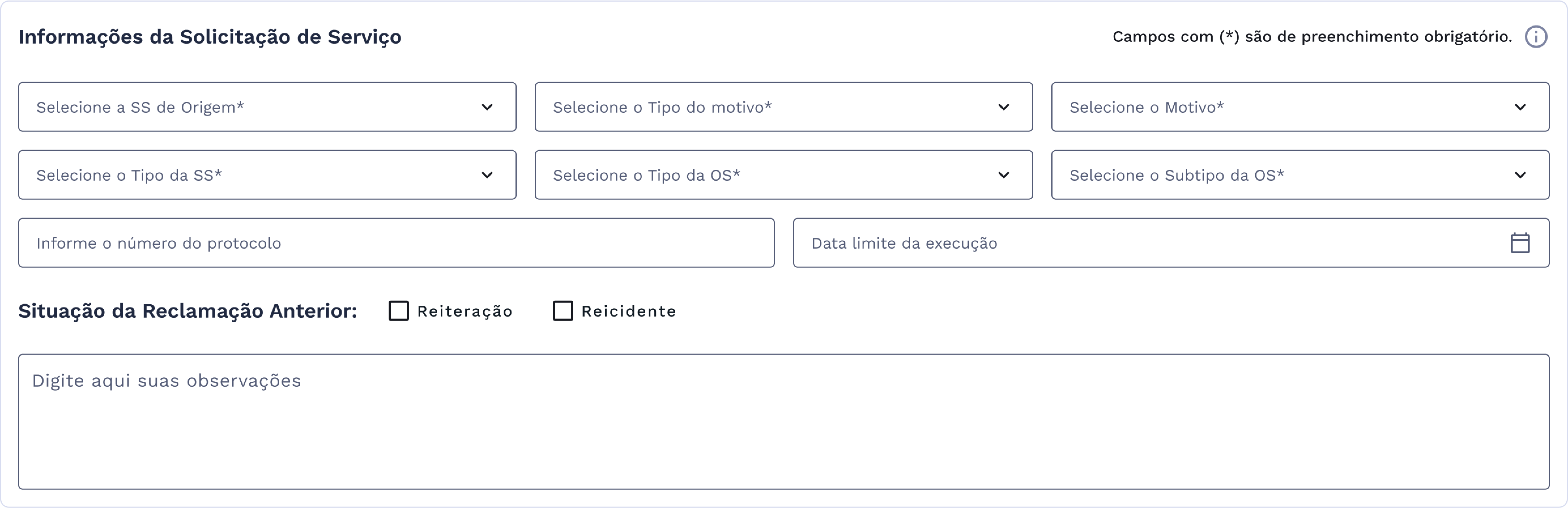 Quadro de Informações da Solicitação de Serviço