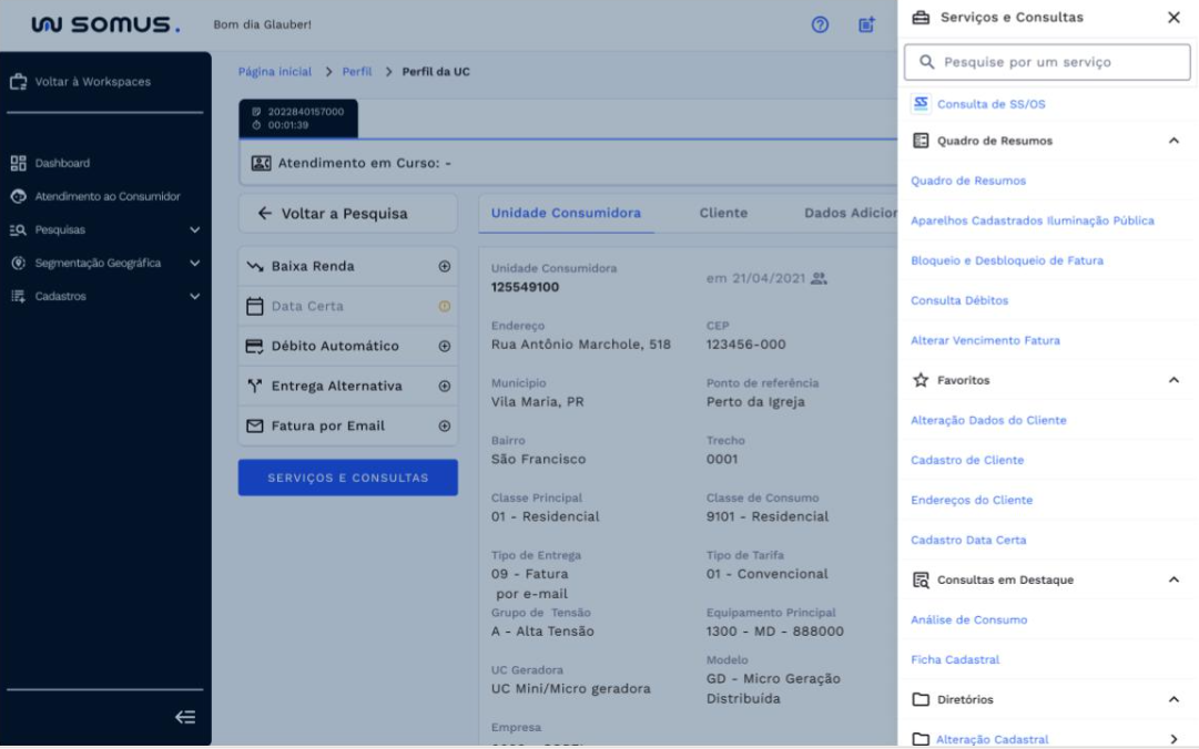 Caminho de acesso pelo botão e menu de serviços e consultas